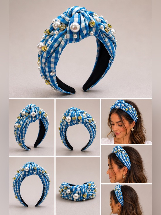 Accessories - Blue Gingham Pearl Crystal Knotted Headband Preppy Coastal Statement